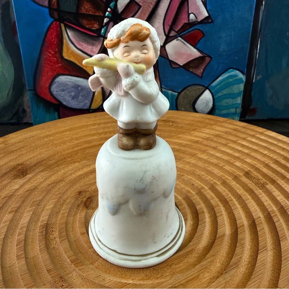 Vintage AGC Artistic Christmas Porcelain Boy Playing Flute Bell Figurine 1980s